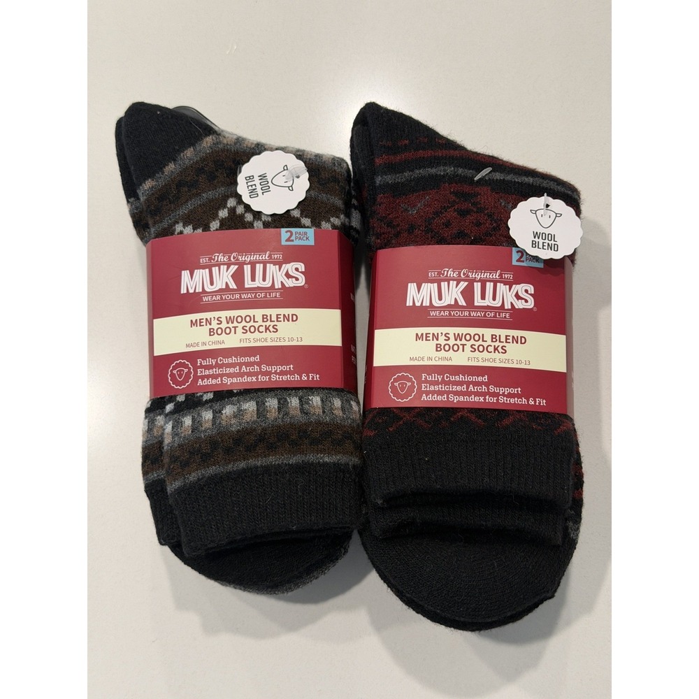 Muk Luks Mens Wool Blend Boot Socks 2-Pack Shoe Size 10-13 NWT Geometric Thermal